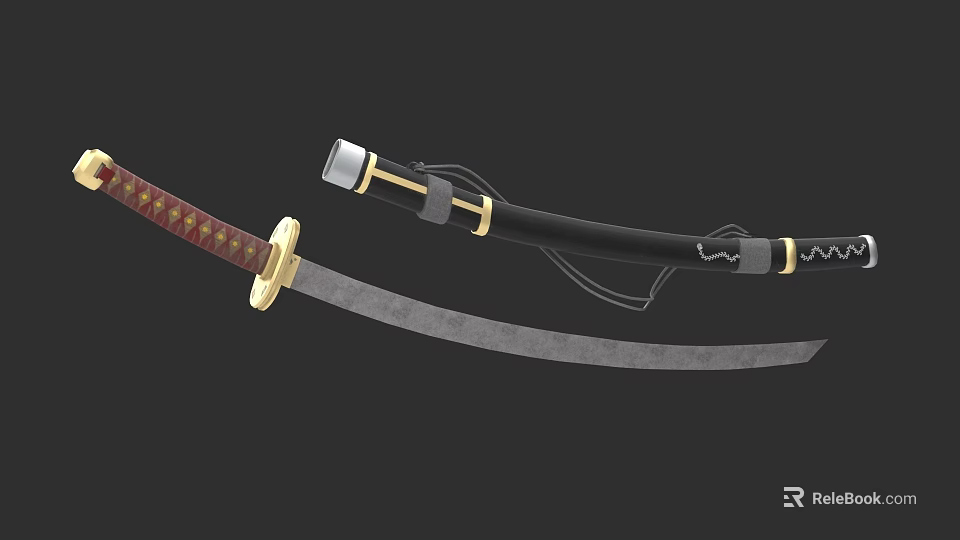 Traditional Japanese Sword With Curved Blade Golden Handle And Black Scabbard 3d model 