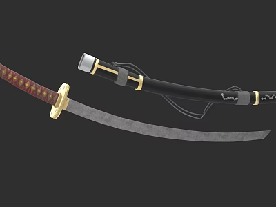 Traditional Japanese Sword With Curved Blade Golden Handle And Black Scabbard 3d model