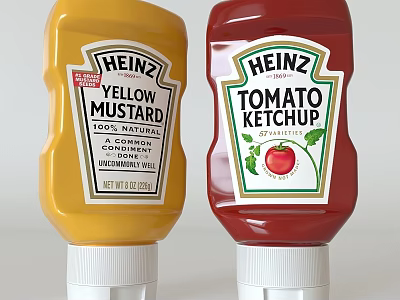 Heinz Yellow Mustard and Tomato Ketchup Condiment Bottles on White Background 3d model