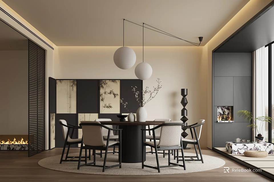 Modern Restaurant Interior with Round Dining Table Spherical Pendant Lights Vase and Branches 3d model