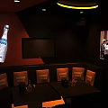 Modern KTV Private Room Interior With Large Screen Wine Bottles And Glasses