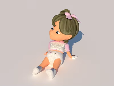 Cute Doll With Green Hair Pink Bow Pink Top White Diaper And White Socks 3d model