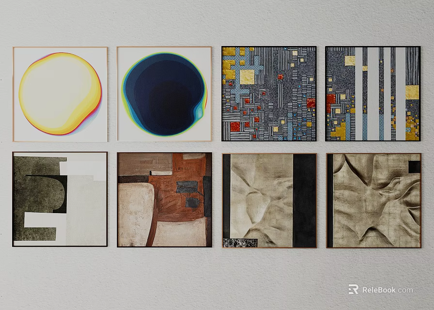 Diverse Abstract Art Paintings with Geometric Patterns and Textured Designs on Wall 3d model