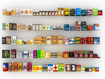 Assorted Food Packages Neatly Arranged On Shelves With Various Brands And Types 3d model