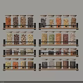 Glass Spice Jars with Metal Lids Organized on Wall Mounted Wooden Shelves