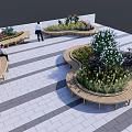 Wooden Outdoor Chairs Around Flower Beds On Rooftop Terrace With Green Plants And People Relaxing