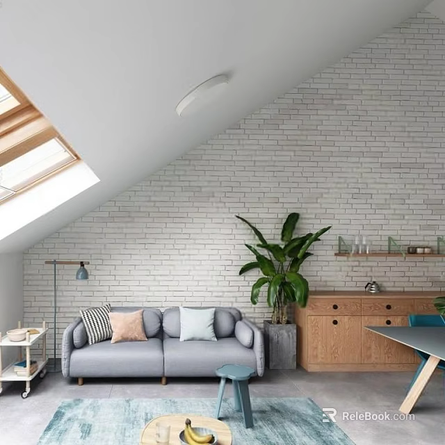 Attic Living Room Interior With White Brick Wall Skylight Gray Sofa And Large Plant 3d model 