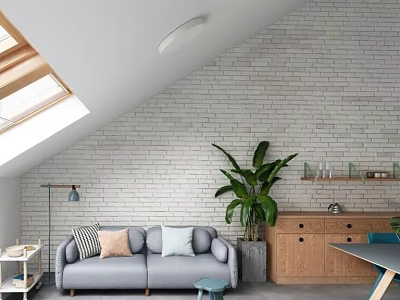 Attic Living Room Interior With White Brick Wall Skylight Gray Sofa And Large Plant 3d model