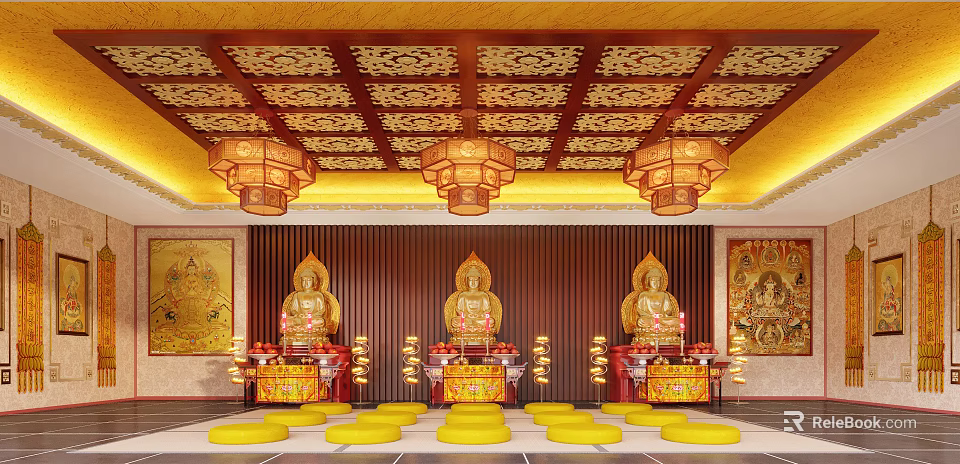 Religious Buddhist Shrine With Carved Golden Ceiling Three Buddha Statues Yellow Cushions Lanterns And Murals 3d model 