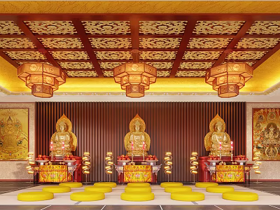 Religious Buddhist Shrine With Carved Golden Ceiling Three Buddha Statues Yellow Cushions Lanterns And Murals 3d model