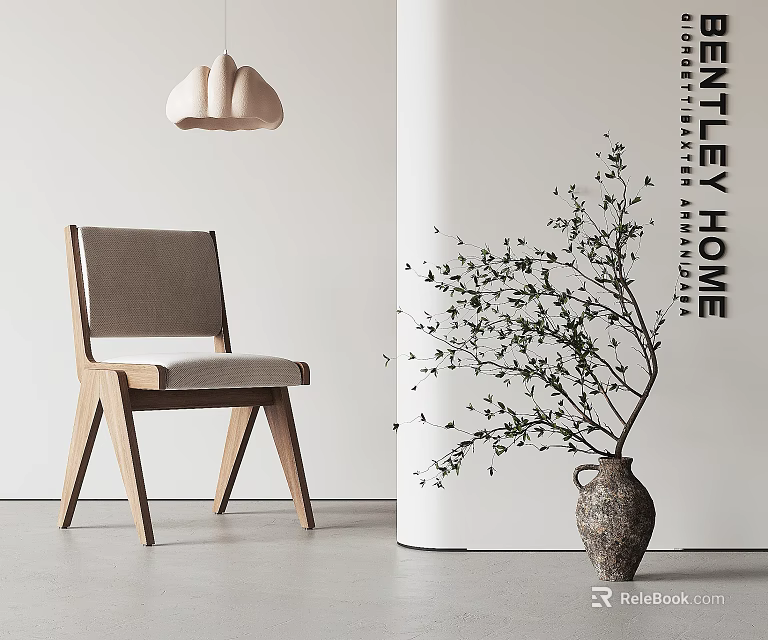 Modern Leisure Chair With Wooden Frame Gray Cushion In Minimalist Indoor Setting With Plant Vase 3d model 