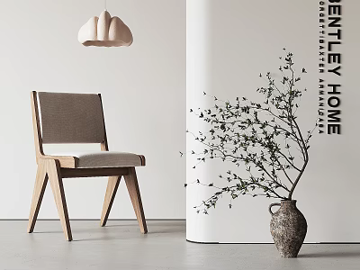 Modern Leisure Chair With Wooden Frame Gray Cushion In Minimalist Indoor Setting With Plant Vase 3d model