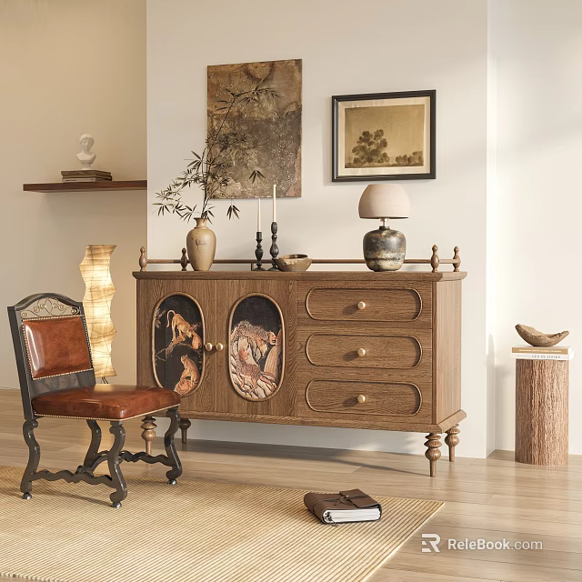 Vintage Living Room Corner With Wooden Sideboard Cabinet Drawers Decorative Art And Vintage Chair 3d model 