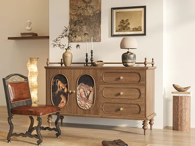 Vintage Living Room Corner With Wooden Sideboard Cabinet Drawers Decorative Art And Vintage Chair 3d model