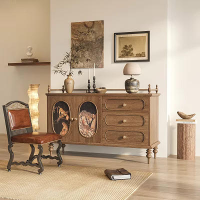 Vintage Living Room Corner With Wooden Sideboard Cabinet Drawers Decorative Art And Vintage Chair 3d model