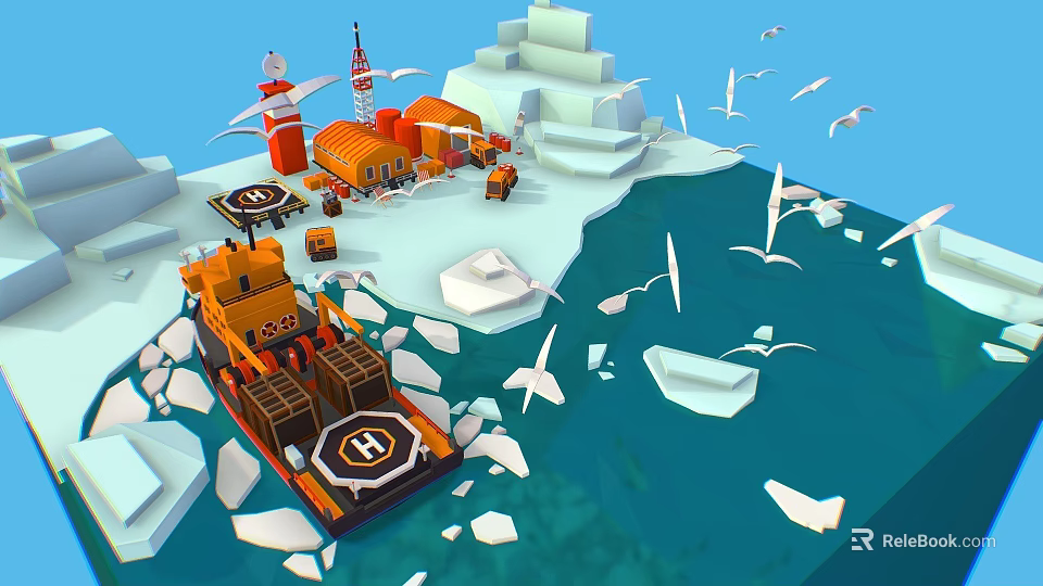 Cartoon Animated Arctic Scene With Orange Tugboat Icebergs Seagulls Buildings And Icy Ocean 3d model 