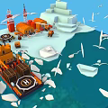 Cartoon Animated Arctic Scene With Orange Tugboat Icebergs Seagulls Buildings And Icy Ocean