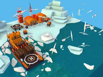 Cartoon Animated Arctic Scene With Orange Tugboat Icebergs Seagulls Buildings And Icy Ocean 3d model