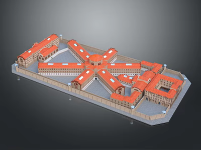 Symmetrical Historic Architectural Model Featuring Red Roof Central Circular Section And Wings 3d model