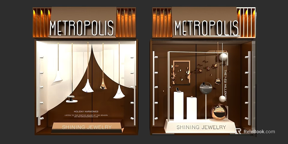 Metropolis Shining Jewelry Store Window Display Design With Elegant Pendant Lights And Display Stands 3d model 