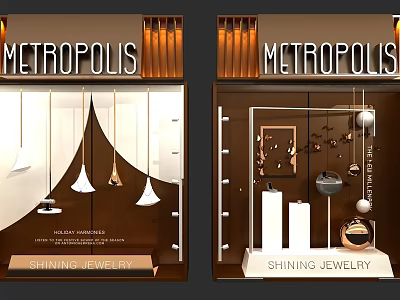 Metropolis Shining Jewelry Store Window Display Design With Elegant Pendant Lights And Display Stands 3d model