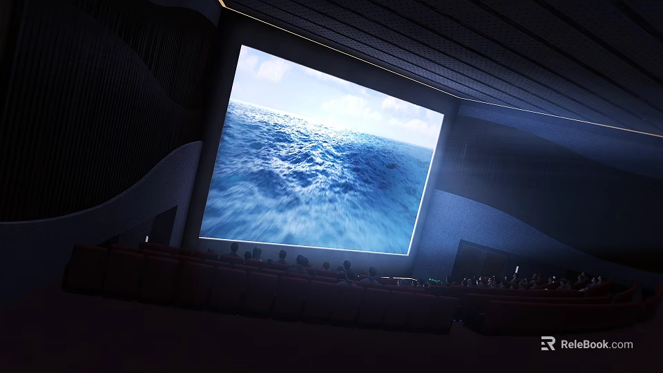 Cinema Experience With Large Screen Showing Ocean Waves And Seated Audience 3d model 