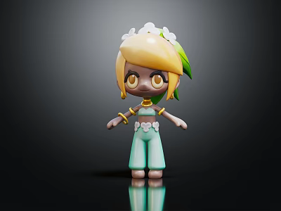 Cute Cartoon Character With Blonde Hair And Floral Headband In Blue Outfit 3d model