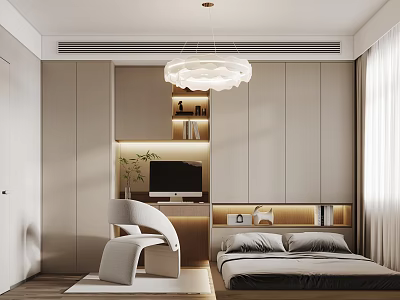 Modern Tatami Bedroom Interior Design With Platform Bed Desk And Pendant Light 3d model