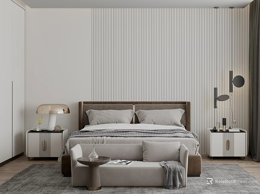 Modern Minimalist Bedroom Interior With Vertical Striped Walls Bedside Tables Table Lamps Bench And Rug 3d model 