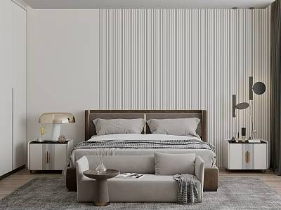 Modern Minimalist Bedroom Interior With Vertical Striped Walls Bedside Tables Table Lamps Bench And Rug 3d model