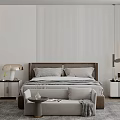 Modern Minimalist Bedroom Interior With Vertical Striped Walls Bedside Tables Table Lamps Bench And Rug