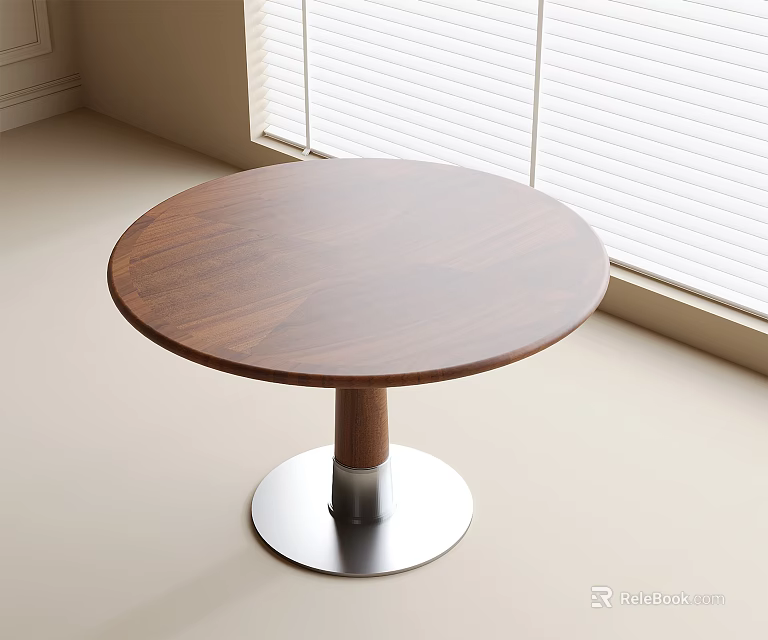 Round Modern Wooden Dining Table With Metal Base And Window Blinds Setting 3d model 