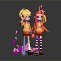 Cartoon Game Characters With Blonde Red Hair Green Eyes Orange Hoodies Red Skirts And Pink Elements
