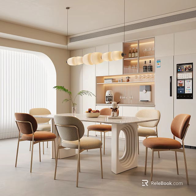 Modern Restaurant Interior Featuring Dining Table Chairs Pendant Lights And Open Layout Design 3d model