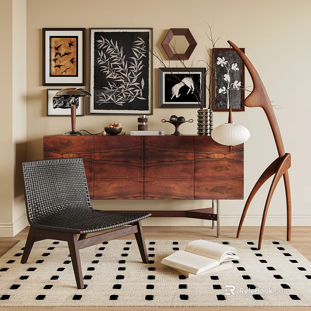 Stylish Wooden Console Table Sideboard With Decorative Ornaments Accent Chair Wall Art And Rug 3d model 