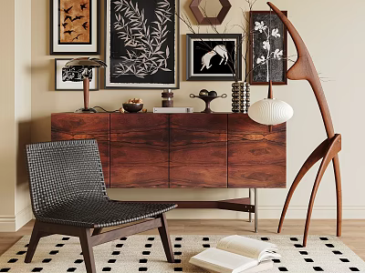 Stylish Wooden Console Table Sideboard With Decorative Ornaments Accent Chair Wall Art And Rug 3d model