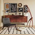 Stylish Wooden Console Table Sideboard With Decorative Ornaments Accent Chair Wall Art And Rug