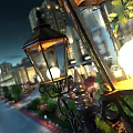Outdoor Lights in Nighttime Street Scene with Vintage Lantern Design Illuminating Buildings and Trees