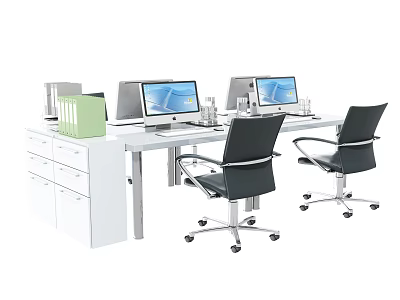 Modern Office Desk Setup With Computers Ergonomic Office Chairs And File Cabinets 3d model