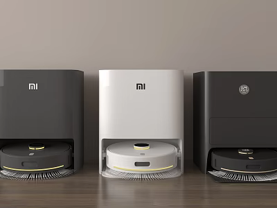 Xiaomi Smart Robot Vacuum Cleaners Three Black And White Models On Wooden Floor 3d model