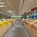 Modern Supermarket Interior with Fish Tanks Shelves Various Products Green Plant Decorations and Bright Lighting