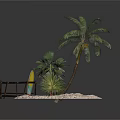 Tropical Island Scene With Sandy Beach Palm Tree Wooden Fence And Bottle