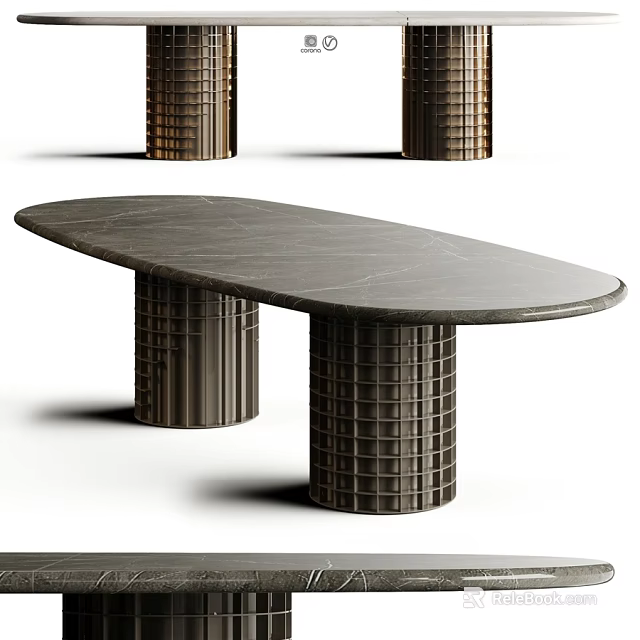 Modern Minimalist Dining Table With Gray Marble Top And Grid Patterned Cylindrical Legs 3d model 