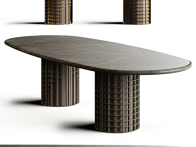 Modern Minimalist Dining Table With Gray Marble Top And Grid Patterned Cylindrical Legs 3d model