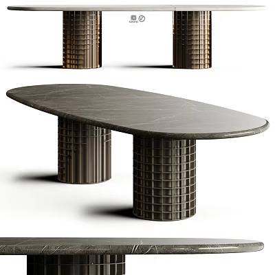 Modern Minimalist Dining Table With Gray Marble Top And Grid Patterned Cylindrical Legs 3d model