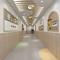 Child Friendly Elevator Hallway With Cloud Shaped Ceiling Display Boards And Colorful Circular Floor Patterns 3d model