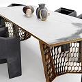 Stylish Dining Table Set With Gray Fabric Chairs Metal Frame And Decorative Items 3d model