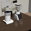 Wooden Kitchen Counter With Electric Kettle Blender Two Glasses And Decorative Posters