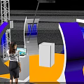 Exhibition Booth With White Metal Frame Blue Curved Structures Orange Floor And Woman At