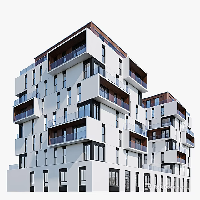 Modern Multi Storey Residential Building With White Facade And Glass Balconies 3d model 